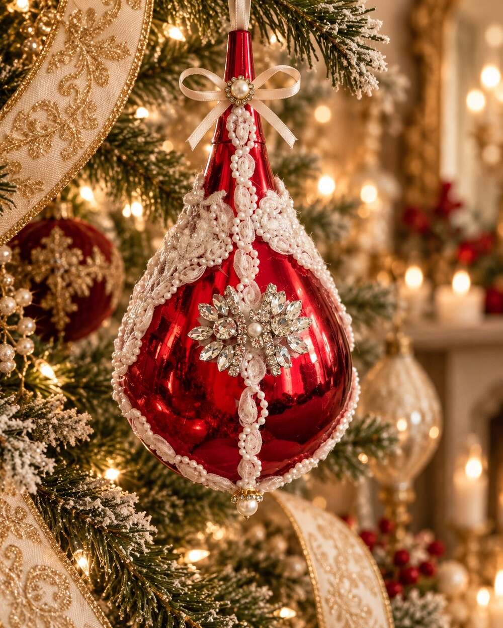 Handmade Red Victorian Jeweled Christmas Ornament OOAK